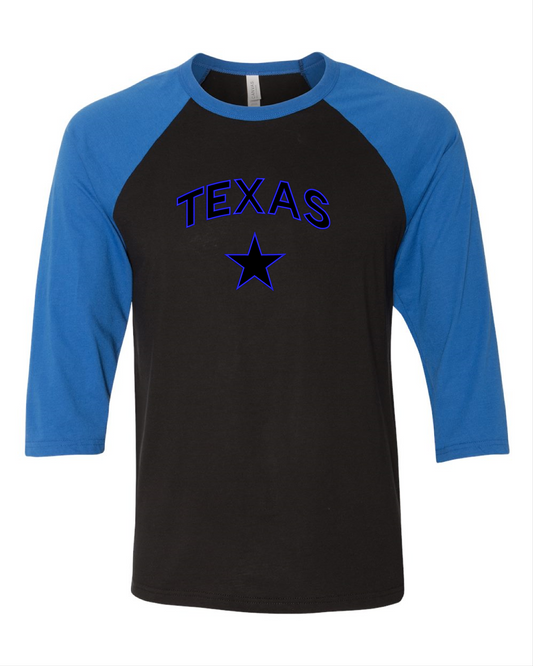 Tri blend Three-Quarter Raglan T-Shirt Graphic with embroidered Texas outline.