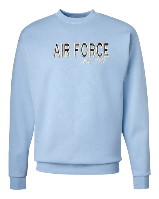 Air Force Drop Shoulder Crewneck Sweatshirt Graphic with embroidered Texas outline.