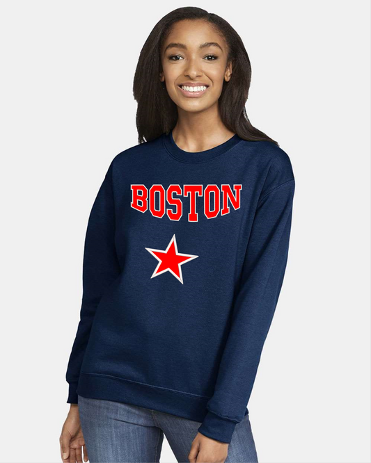 Drop Shoulder Crewneck Sweatshirt Graphic with embroidered Boston outline.