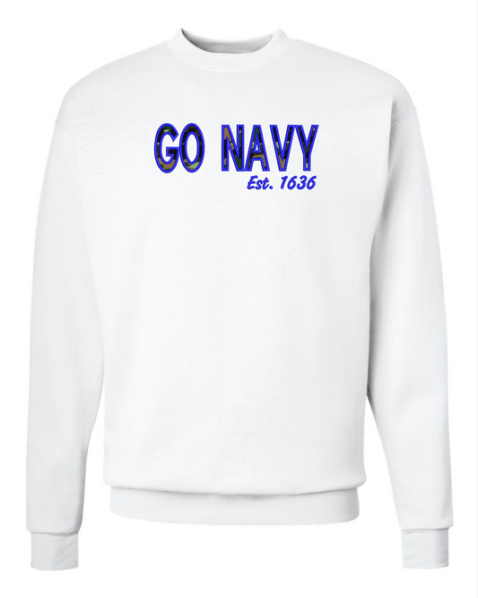 Go Navy Drop Shoulder Crewneck Sweatshirt Graphic with embroidered Texas outline.